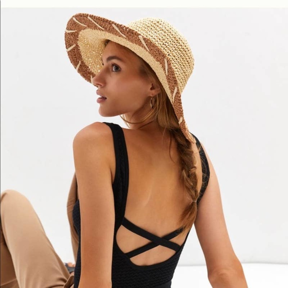 Anthropologie Whipstitch Neutral Sun Hat Woven Straw